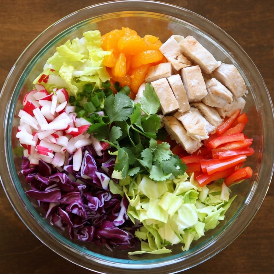 Overhead view of a colorful salad bowl with tofu, lettuce, cabbage, radishes, peppers, cilantro, and green onions on a wooden table.