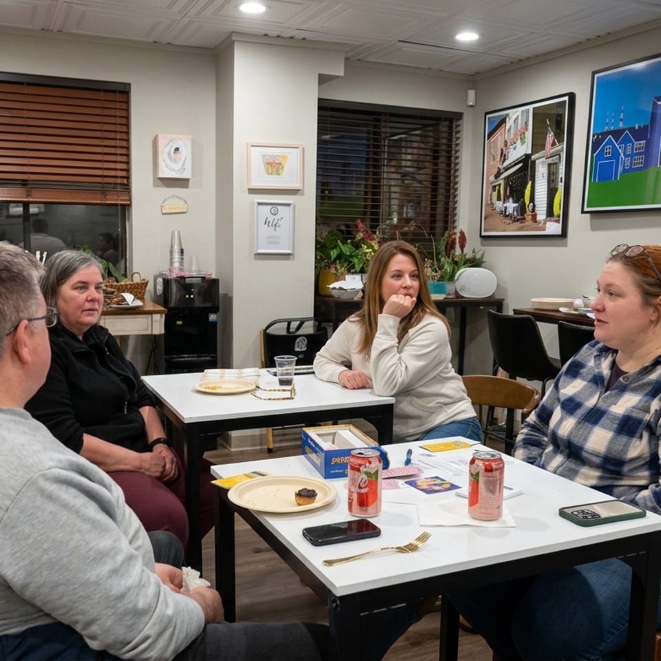 Four people sit around tables in a cozy dining room decorated with framed artwork, family photos, and wooden shelves.