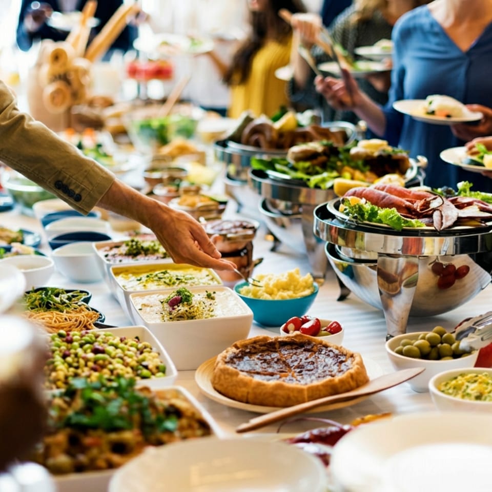 Guests serve themselves from a colorful buffet featuring salads, vegetables, dips, roasted meats, and pastries.