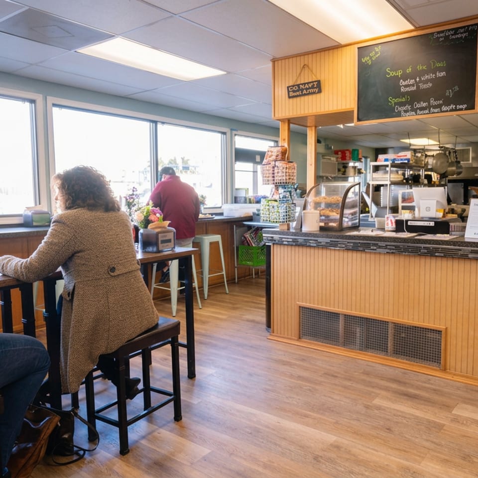 Bright café interior with customers at tables, a wood-paneled counter, pastry displays, and chalkboard menu.