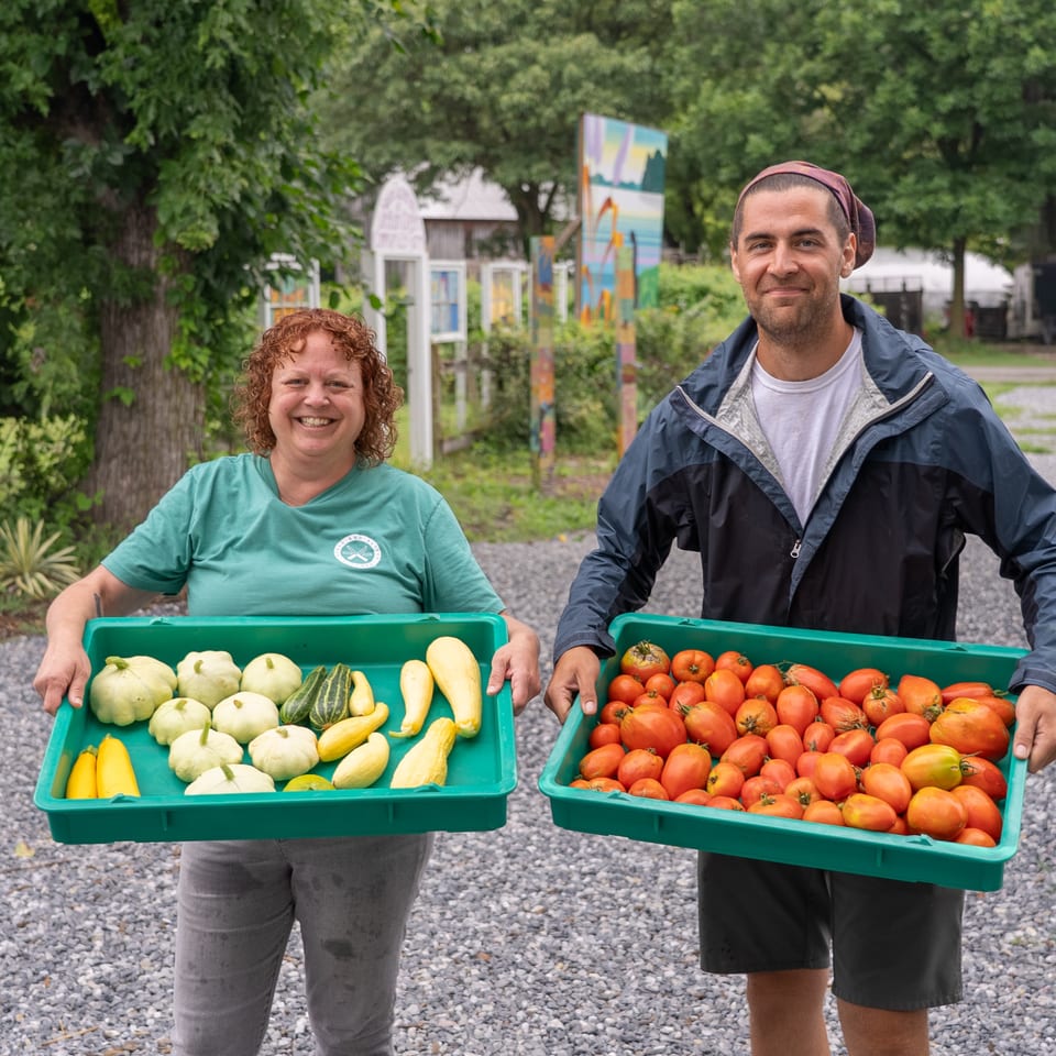 Two smiling people hold crates of fresh tomatoes, squash, and other vegetables outdoors beside colorful garden artwork.