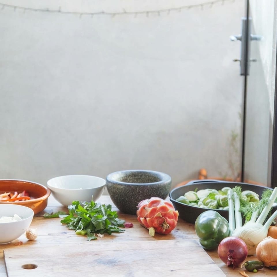 Fresh vegetables, herbs, sauces, and bowls of ingredients surround a cutting board and knife on a bright restaurant prep table.