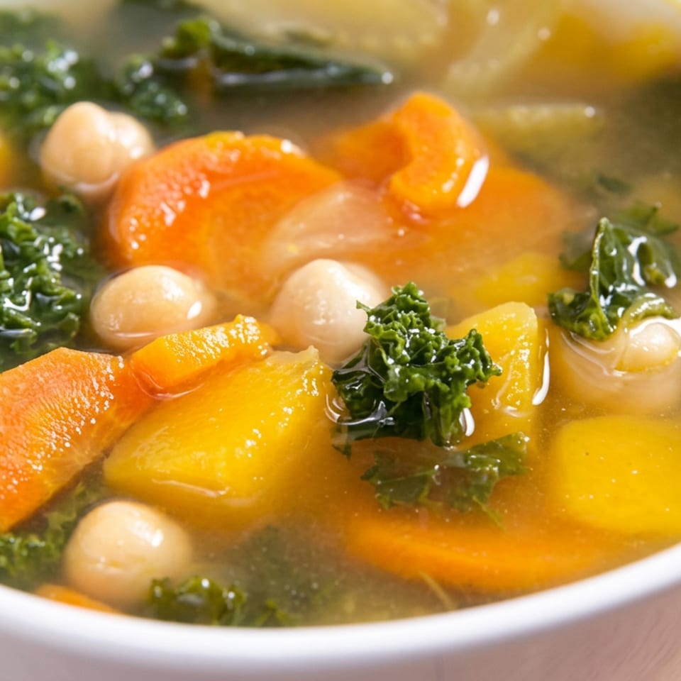 Bowl of clear vegetable soup with carrots, potatoes, kale, and chickpeas on a wooden table.