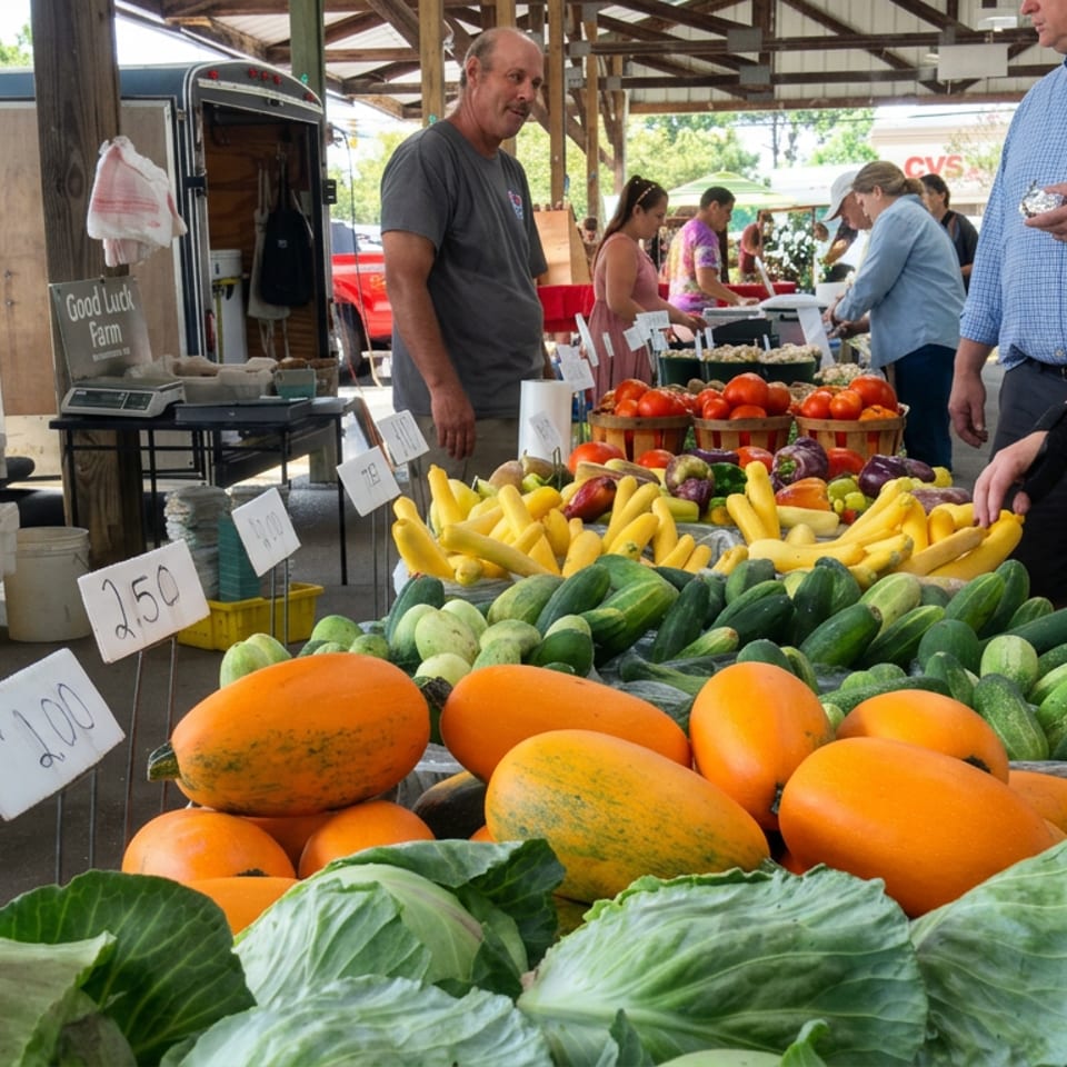 Farmers market stall displays pumpkins, squash, cucumbers, tomatoes, cabbage, and other produce beneath a covered pavilion with shoppers.