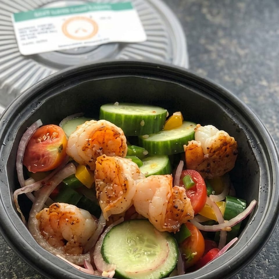 Black bowl of seasoned grilled shrimp with cucumber, tomato, peppers, and onions on a textured countertop.