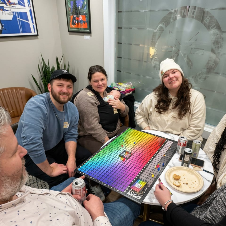Six people gather around a colorful board game at a table in a cozy room with framed artwork, drinks, and snacks.
