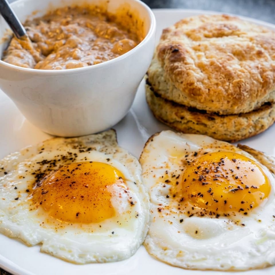 Plate of two fried eggs, a golden biscuit sandwich, and a bowl of creamy breakfast gravy on a dark countertop.