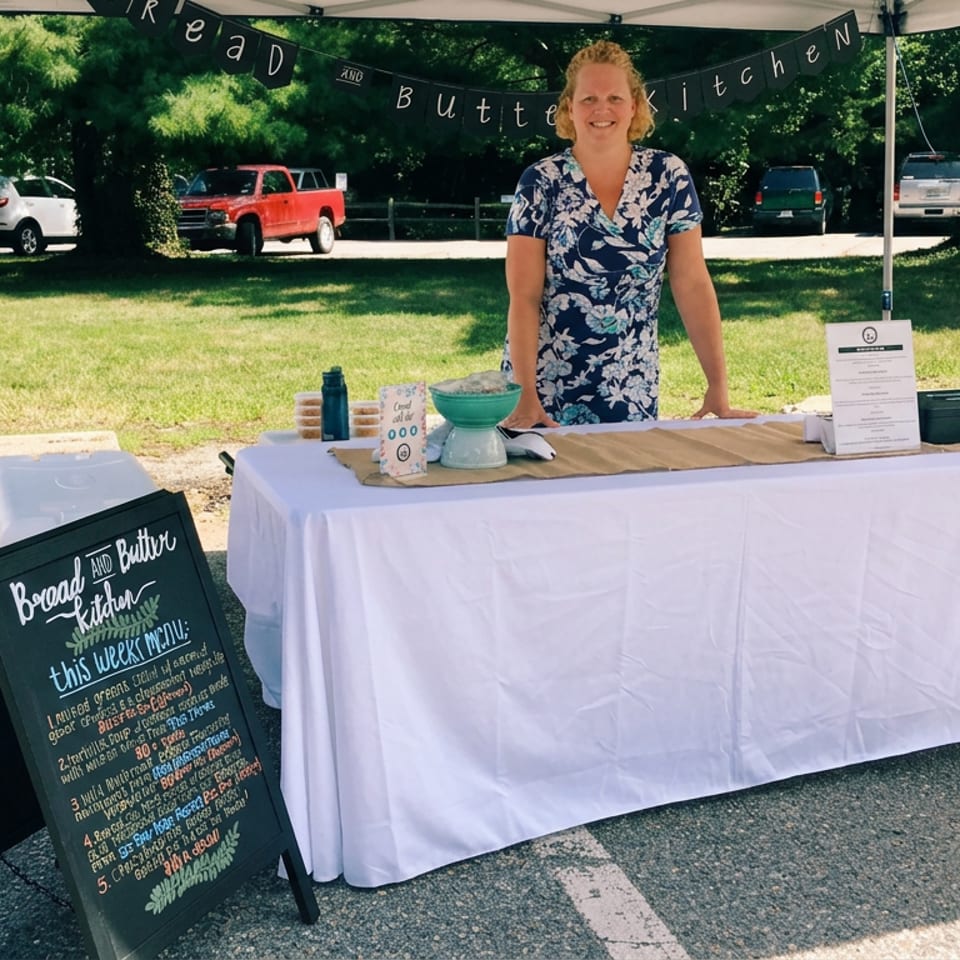 Smiling vendor stands behind a white table at a farmers market booth for Beyond and Buttery Kitchen.