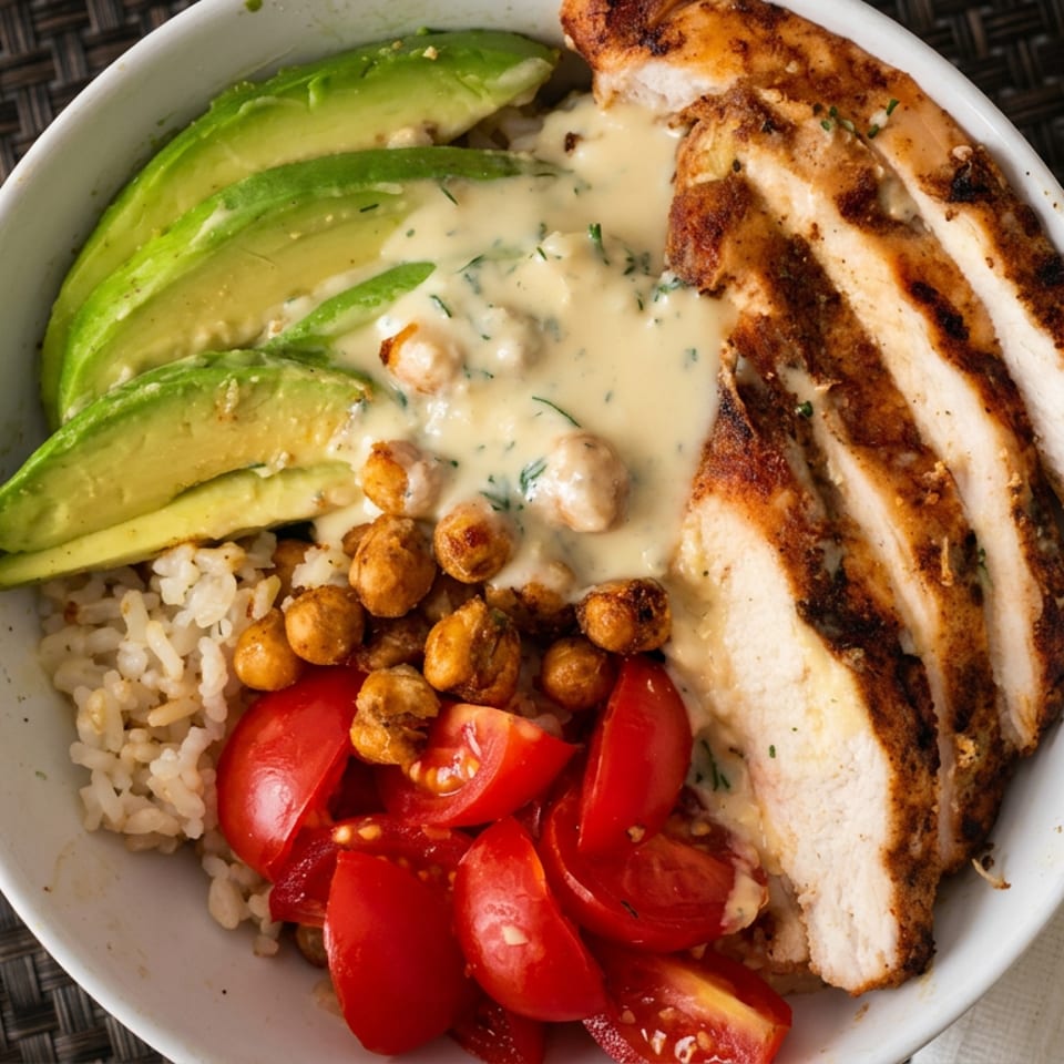 Grilled chicken, avocado, rice, roasted chickpeas, tomatoes, and creamy herb sauce arranged in a bowl beside fork and knife.