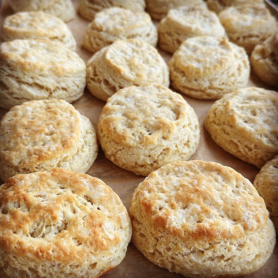Golden-brown flaky biscuits arranged closely on a parchment-lined baking tray.