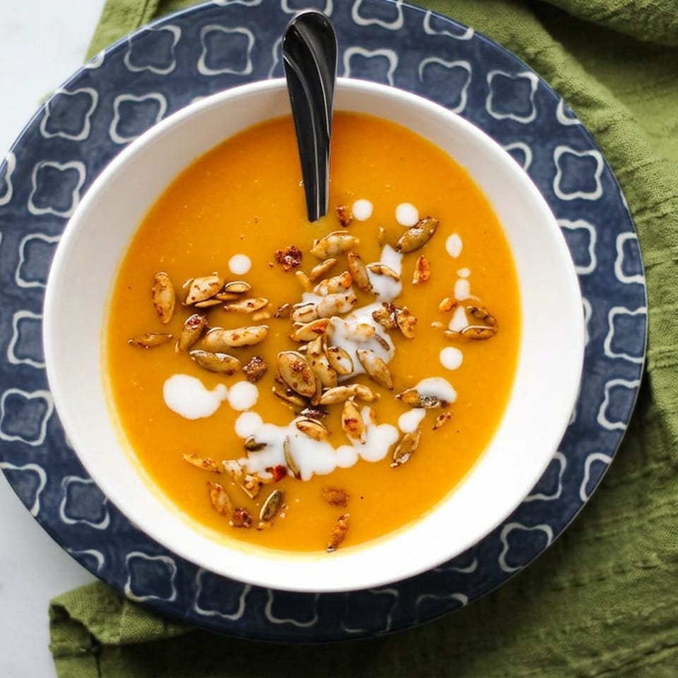 Bowl of creamy orange soup topped with toasted seeds and white cream, served on a patterned plate beside a green napkin.